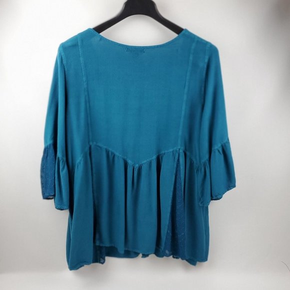 Roaman's Womens Tunic Top 3/4 Bell Sleeves Embroidered Design Button Up Blue 32W - Picture 2 of 7